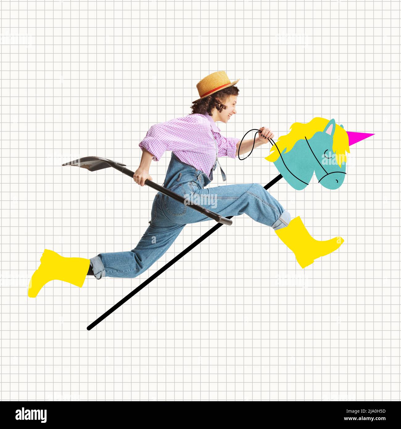 Dynamic portrait of young girl, female gardener in work uniform and gumboots riding drawn toy