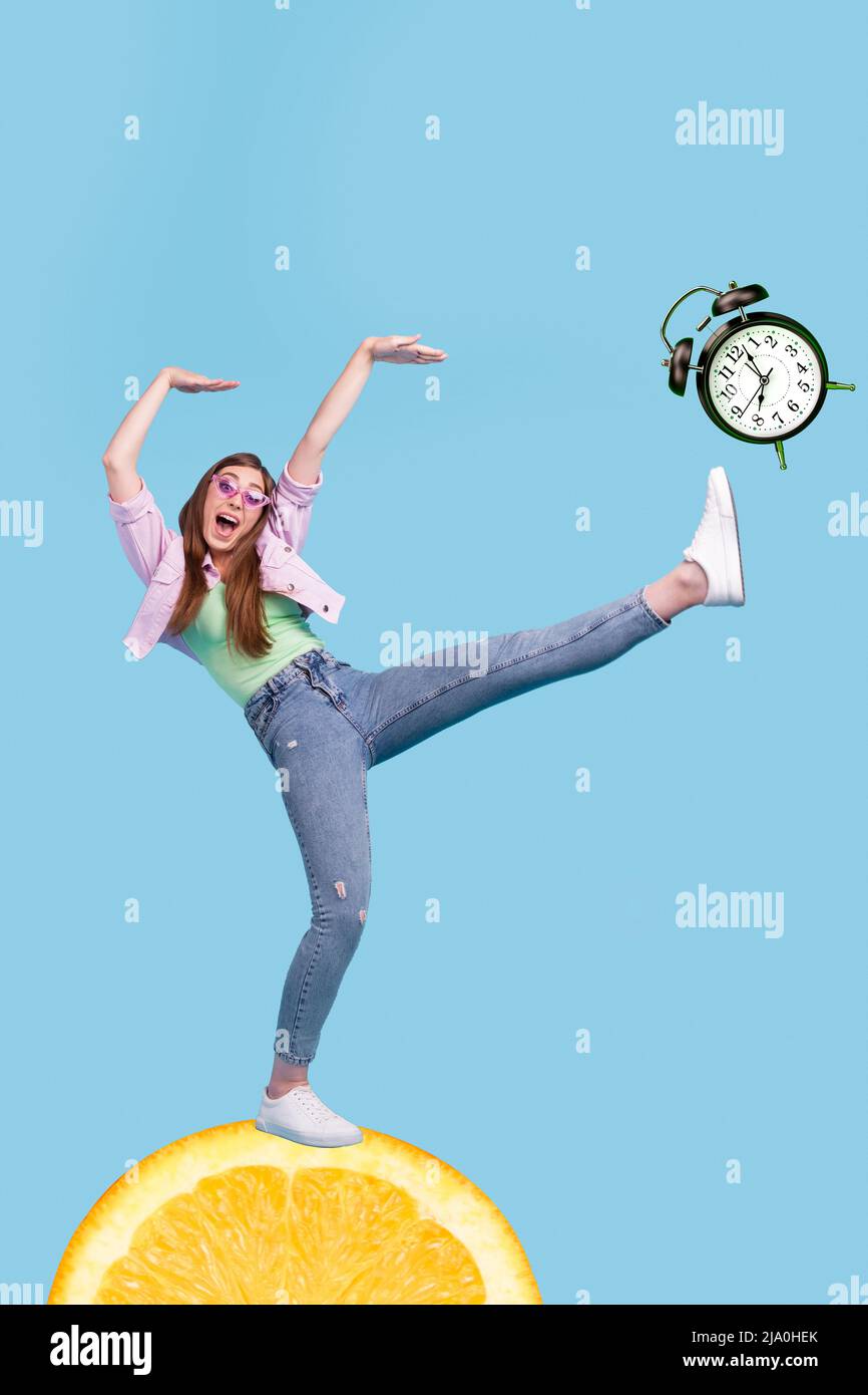 Creative 3d photo artwork graphics collage of funny funky girl standing citrus slice beating clock isolated blue color background Stock Photo