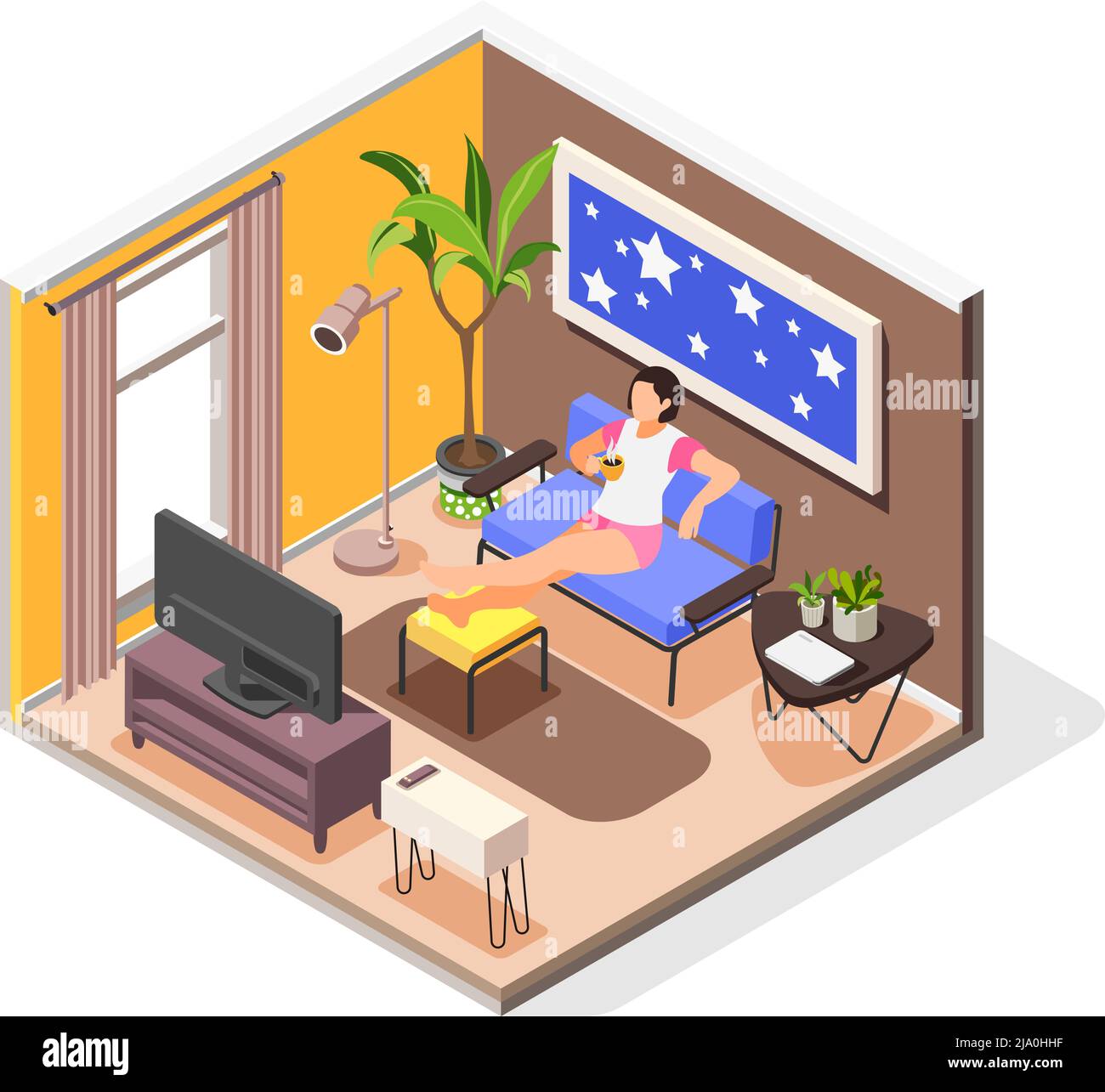 Human needs isometric composition with young girl spending leisure time at home sitting on couch with cup of coffee in front of tv Stock Vector
