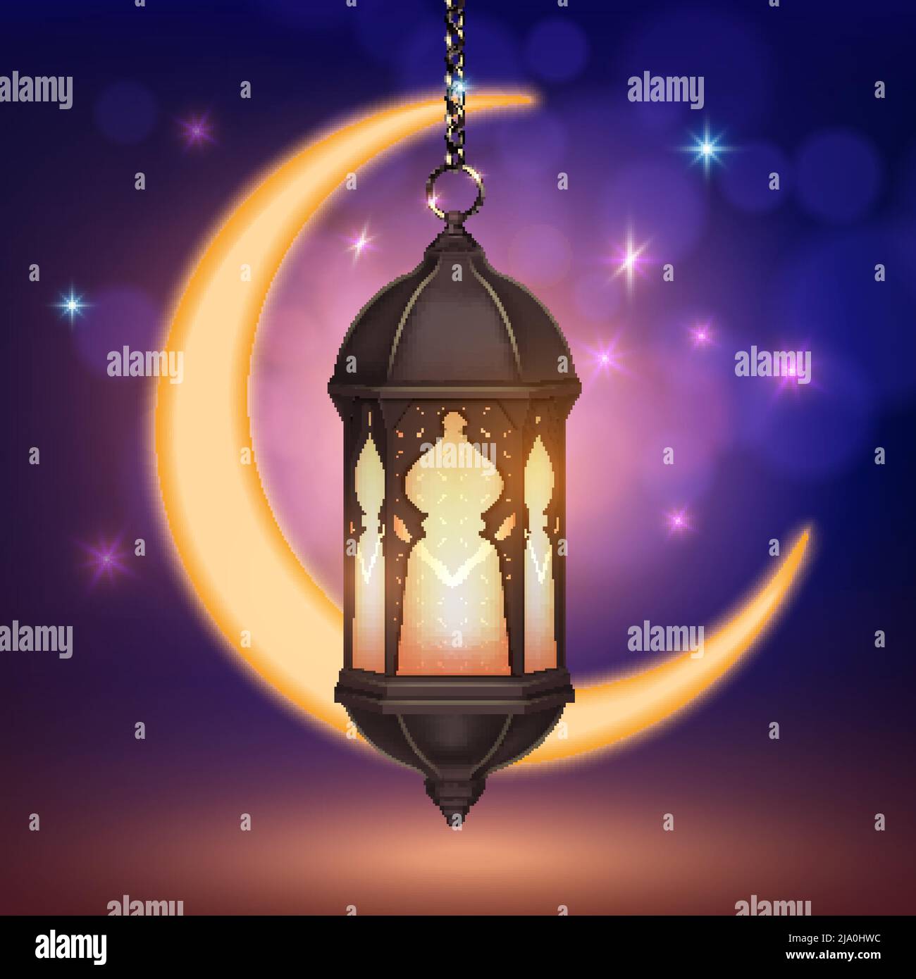 Ramadan kareem lantern moon realistic composition with colourful sky ...