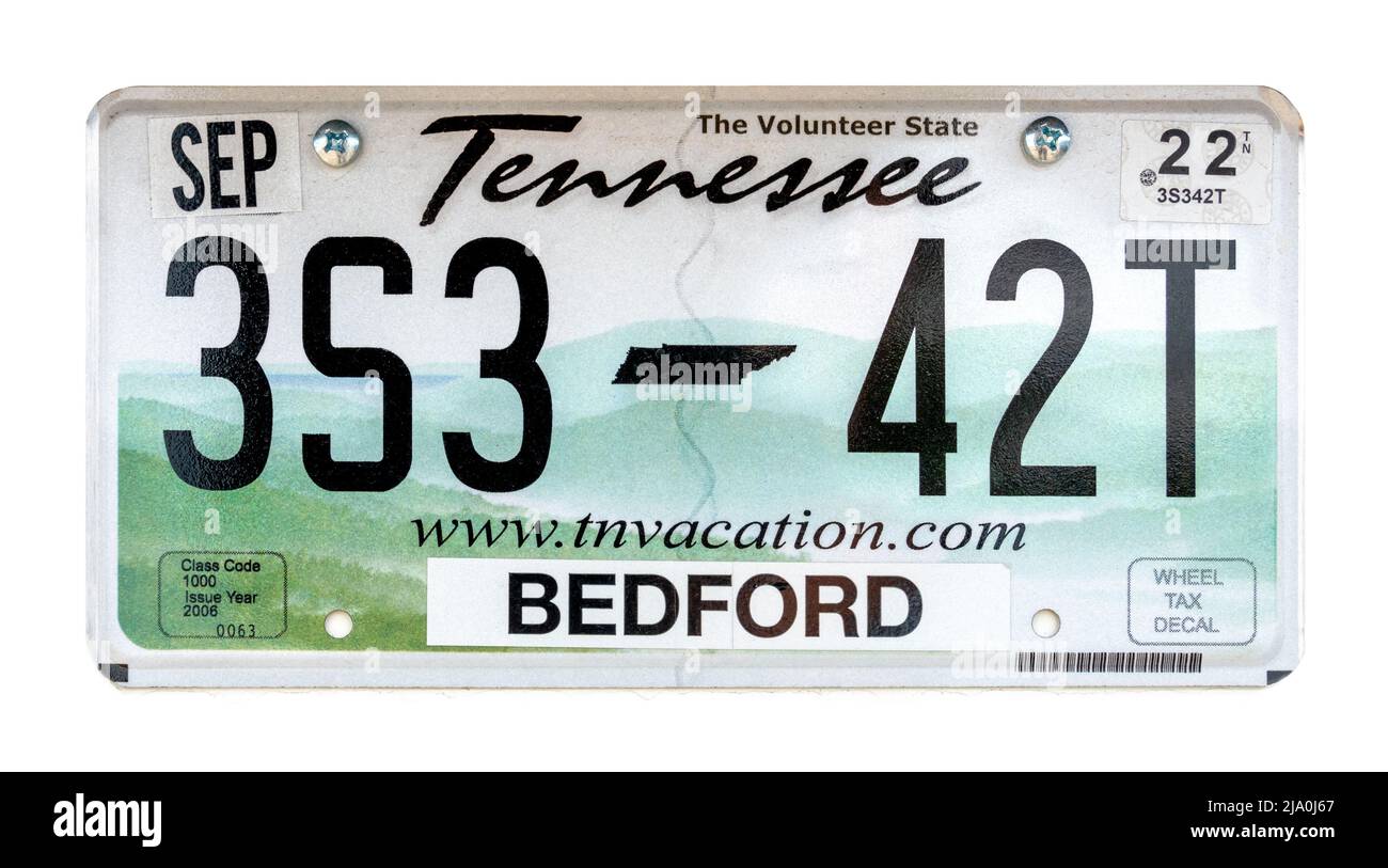 Tennessee license plate; vehicle registration number. Tennessee number plate. The Volunteer State license plate. Tennessee numberplate. US-TN.TN USA. Stock Photo