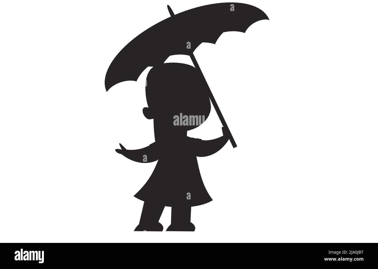 Black silhouette of a small girl standing with an umbrella in rain, rainfall, getting wet in the storm outside Stock Vector