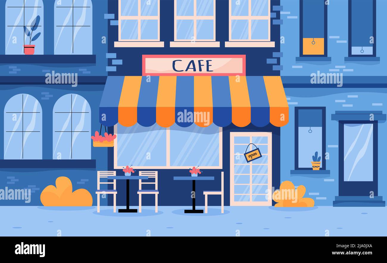 The facade of the cafe with tables under a canopy and a sign with the name flat vector illustration Stock Vector