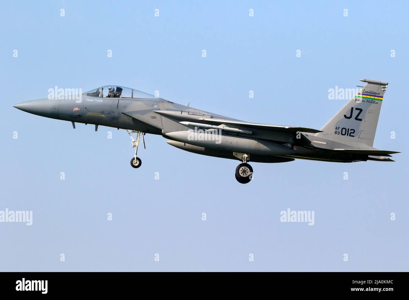 McDonnell Douglas F-15C Eagle fighter jet of the 122nd Fighter Squadron Louisiana Air National Guard arriving at Leeuwarden Air Base. The Netherlands Stock Photo
