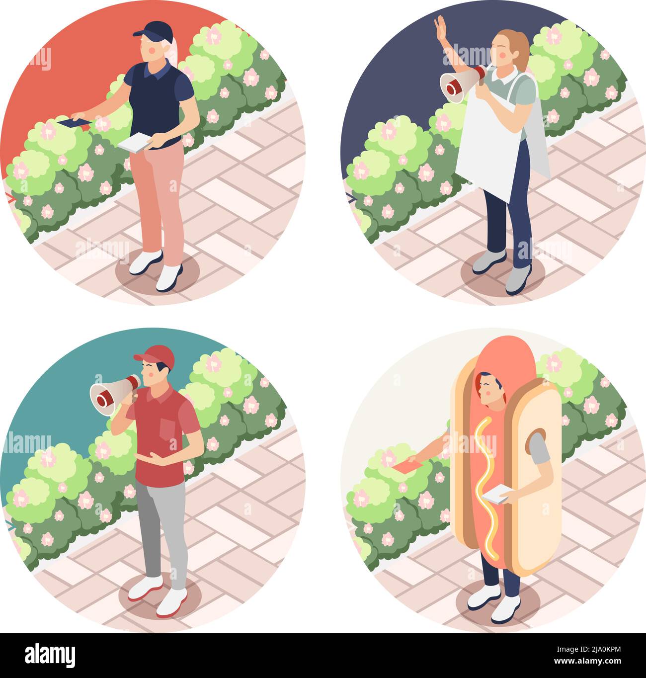 Street promoter 2x2 design concept set of people with loudspeaker advertising placards and flyers isometric vector illustration Stock Vector