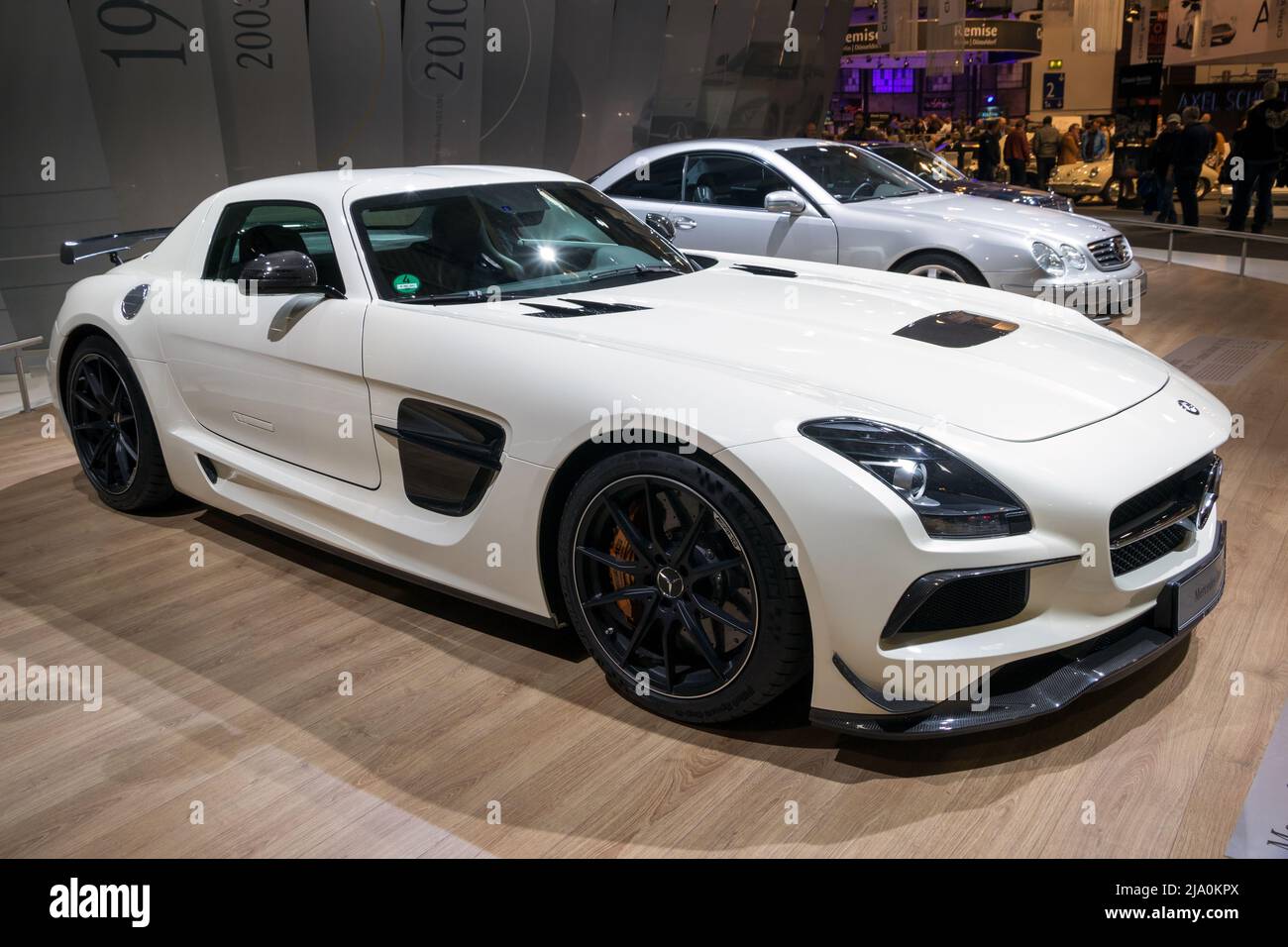 2013 Mercedes Benz SLS AMG Coupe Black Series (C197) sports car on display at the Techno Classica Essen Car Show. Germany - April 6, 2017 Stock Photo