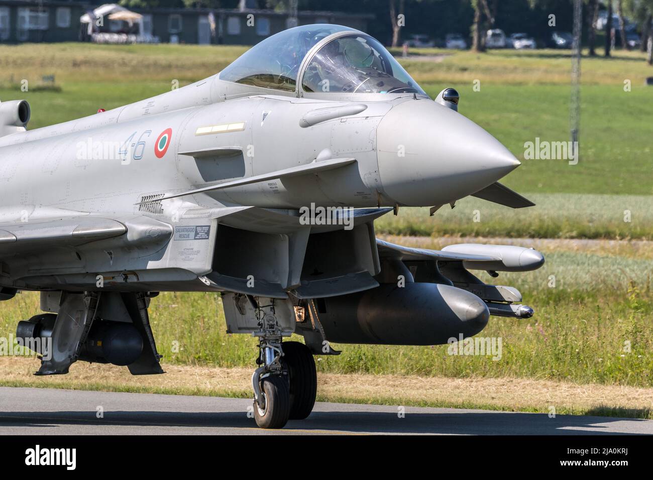 Italian Air Force Eurofighter Typhoon fighter jets taxiing to the runway at Florennes Air Base, Belgium - June 15, 2017 Stock Photo