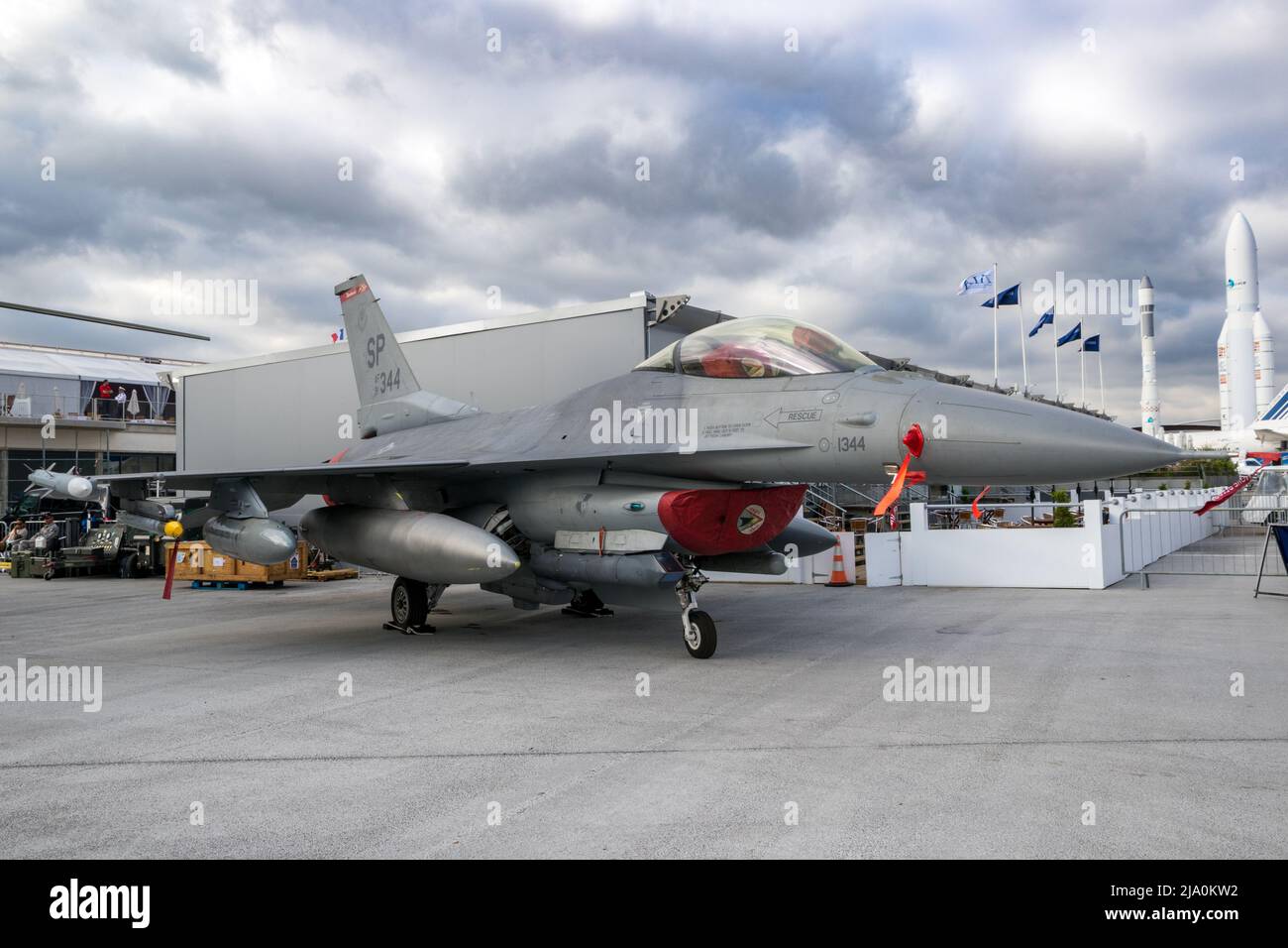 Spangdahlem based US Air Force F-16C Fighting Falcon fighter jet of 480th Fighter Squadron (Warhawks) on display at the Paris Air Show. France - June Stock Photo