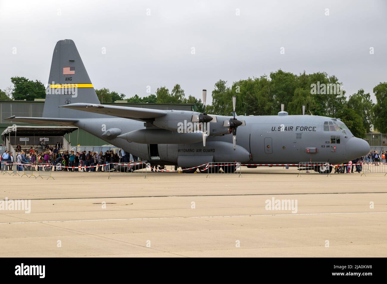 Lockheed C-130H Hercules transport plane of the 153d Airlift Wing of Wyoming Air Guard on display at the NATO Geilenkirchen Open House. Germany - July Stock Photo
