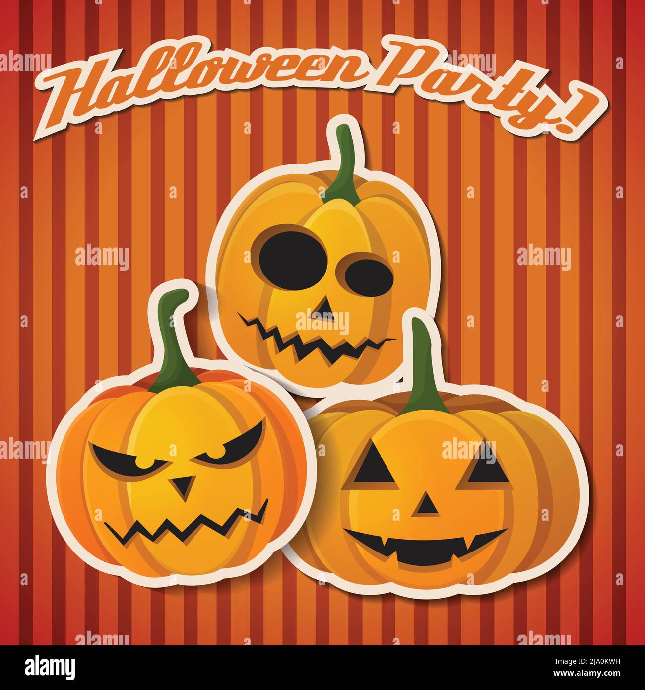 Happy Halloween card with three orange crazy pumpkins have a different ...