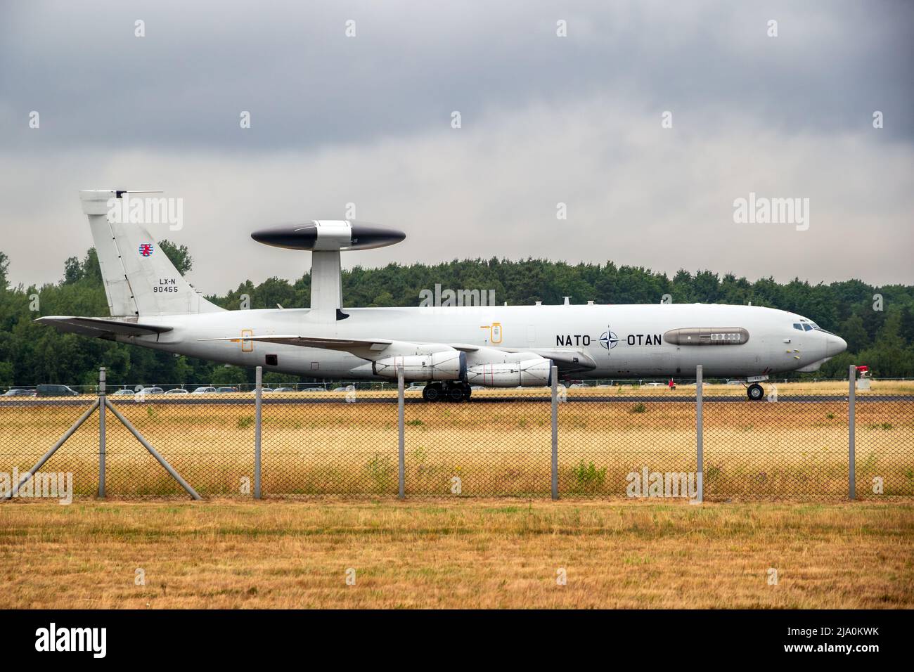NATO Boeing E-3 Sentry AWACS radar plane on the runway of NATO Geilenkirchen airbase. Germany - July 2, 2017 Stock Photo