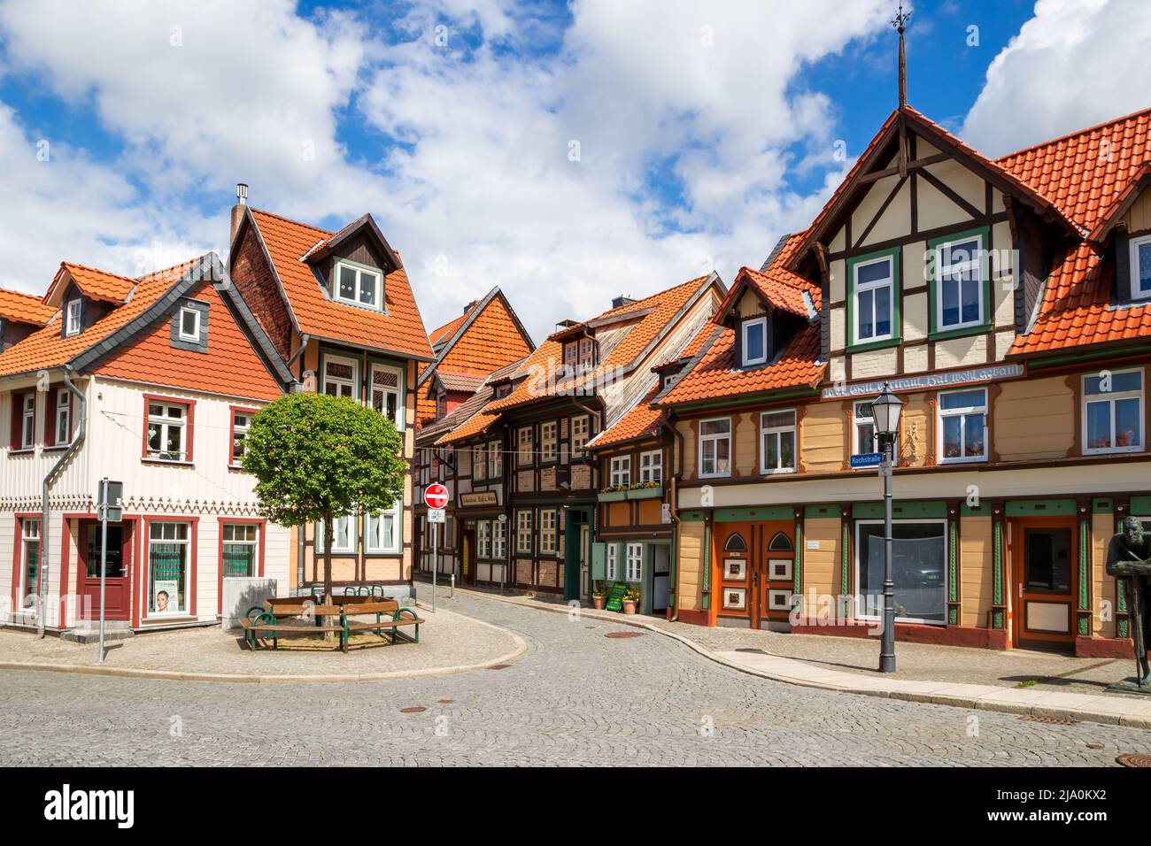 Historic timber framed houses in the centre of Wernigerode town in Saxony-Anhalt, Germany - April 26, 2018 Stock Photo