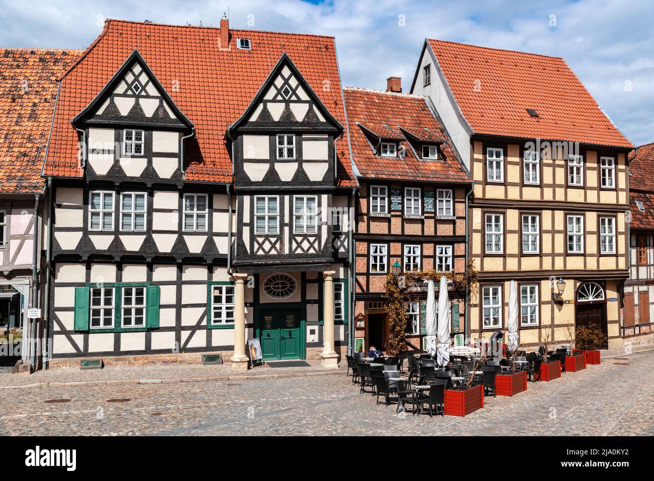 Historic timber frame houses in the medieval town Quedlinburg, North of the Harz mountains. Saxony-Anhalt, Germany - April 26, 2018 Stock Photo