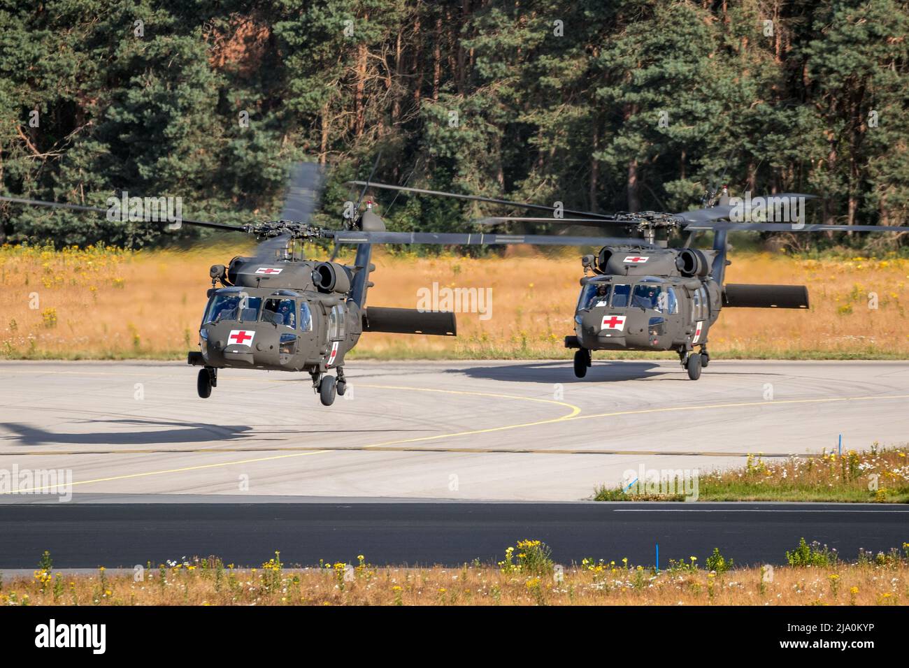 US Army Sikorsky UH-60 Blackhawk medical transport helicopters taking off from Eindhoven Air Base. The Netherlands - June 22, 2018 Stock Photo