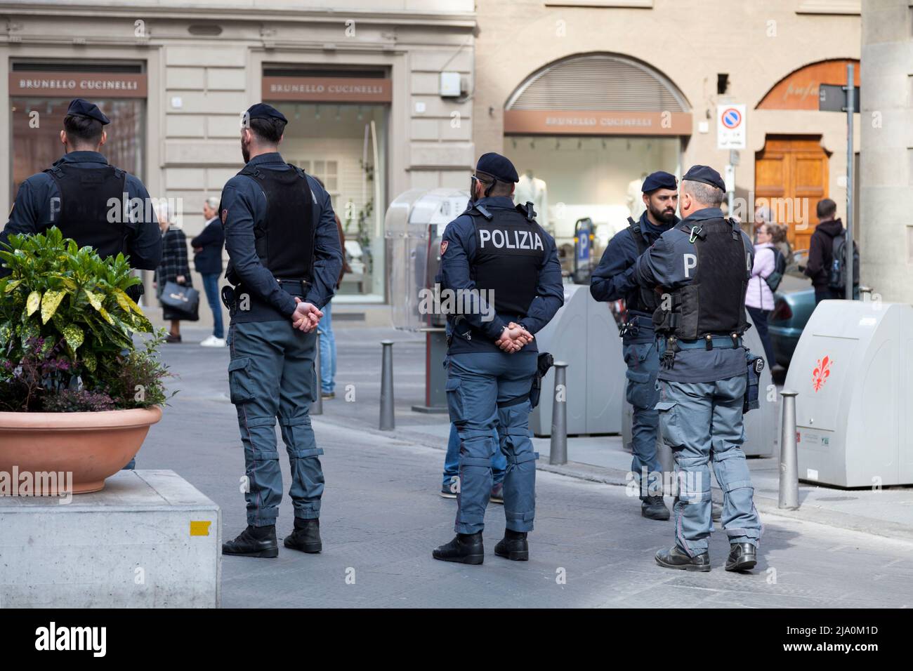 Florence, Italy - April 02 2019: Policemen in bulletproof vest near a the cathedral. Stock Photo