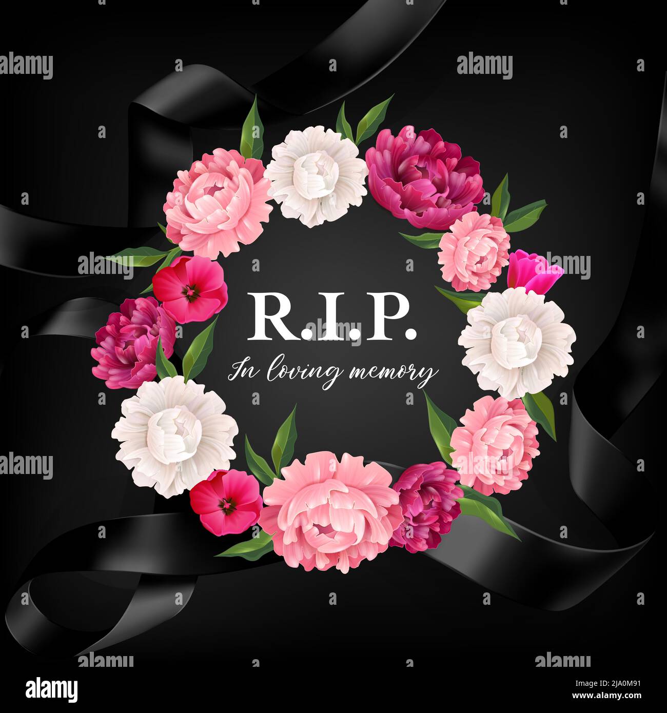 In loving memory composition with editable ornate text surrounded by funeral wreath on black ribbon background vector illustration Stock Vector