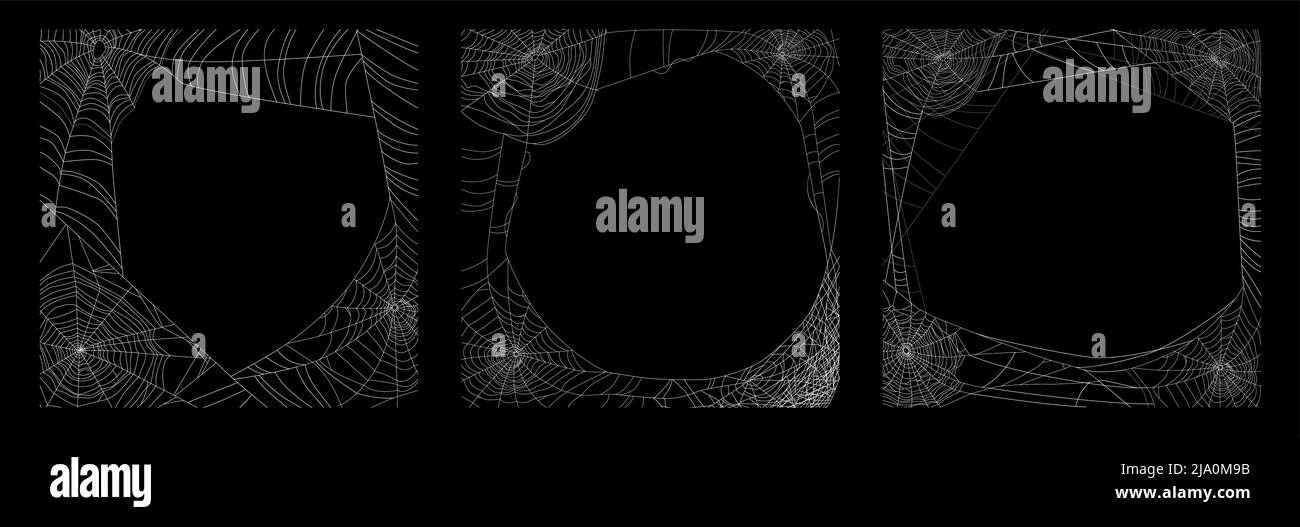 Realistic set of three creepy spider cobweb frames isolated on black ...