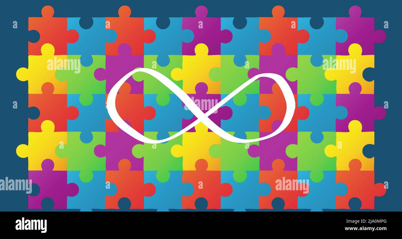 Image of eternity over colorful puzzles on navy background Stock Photo