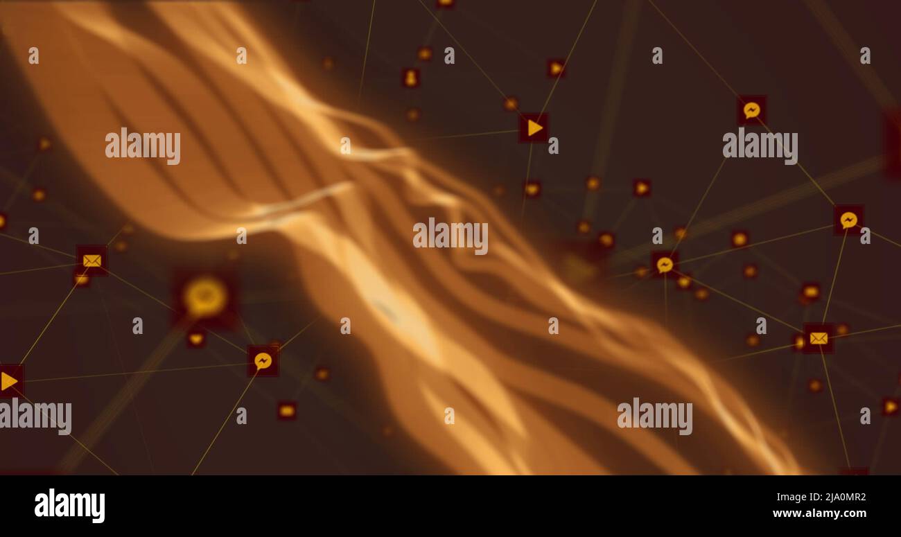 Image of orange waves and connections over brown background Stock Photo