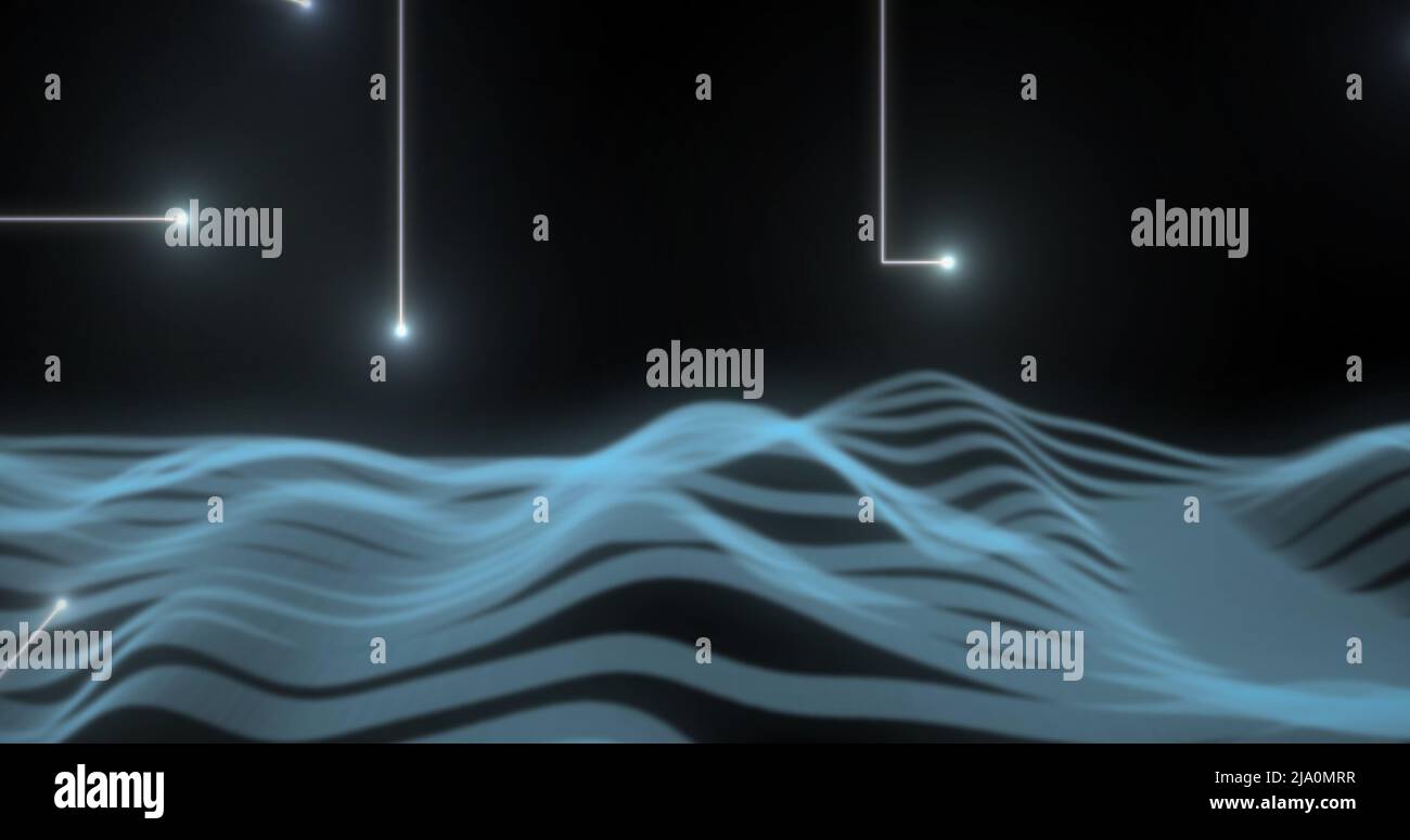 Image of lights drawing shapes over blue waves on black background Stock Photo