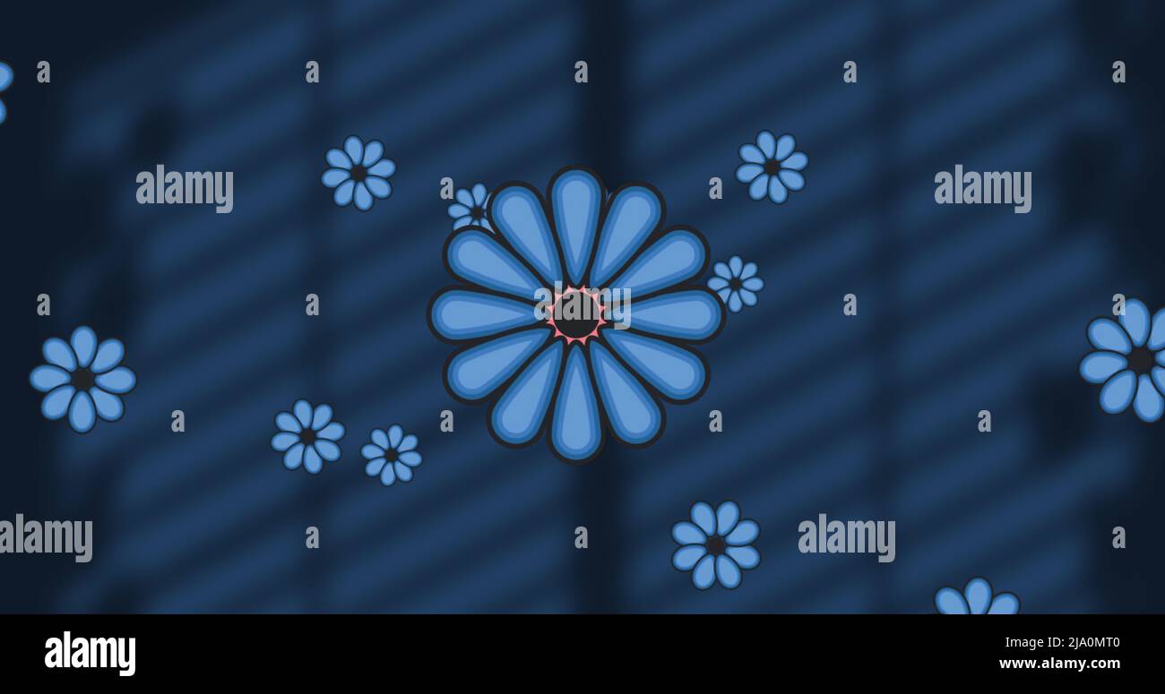 Image of blue flowers over window shadow on navy background Stock Photo