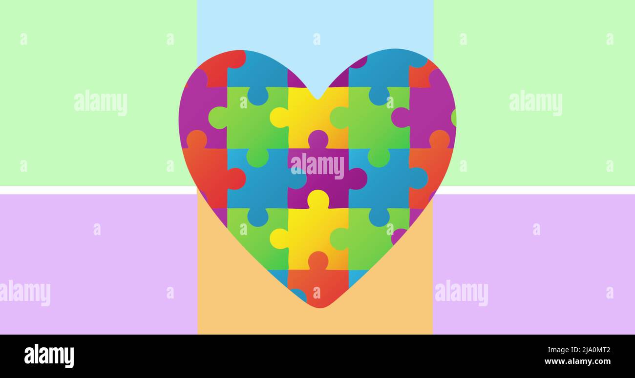 Image of heart made of colorful puzzles over background with moving squares Stock Photo