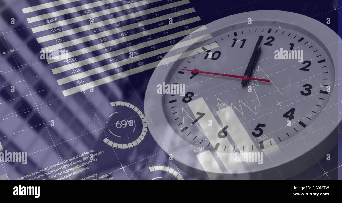 Image of data processing over clock and cityscape Stock Photo