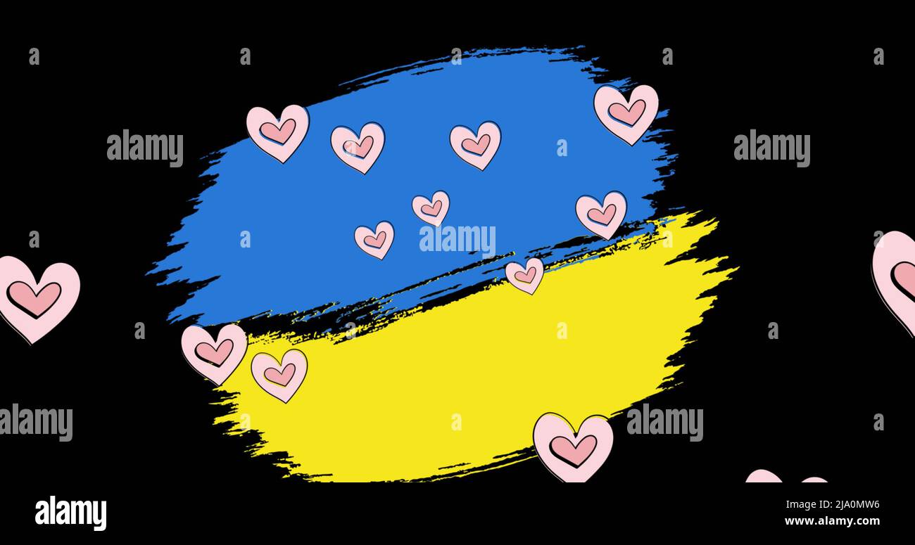 Image of hearts floating over flag of ukraine on black background Stock Photo