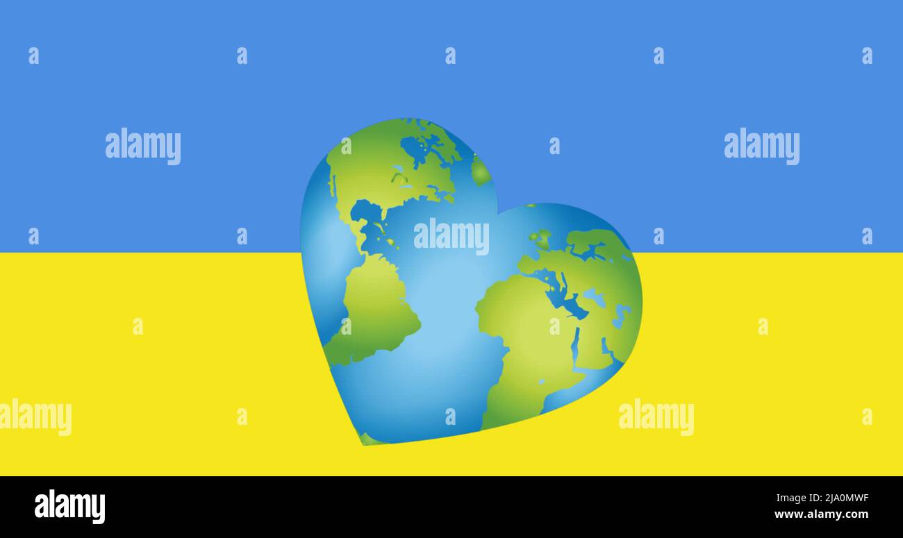 Image of hearts and heart shaped earth over flag of ukraine Stock Photo