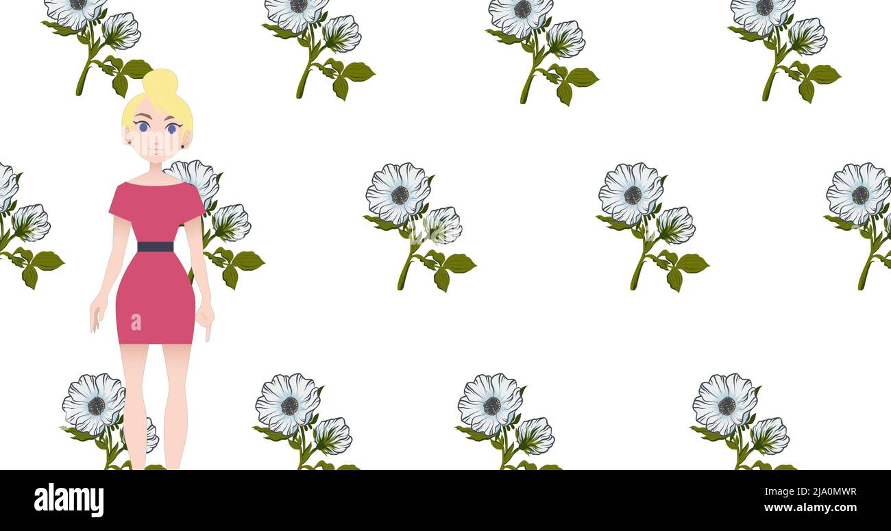 Image of woman talking over flower icons Stock Photo