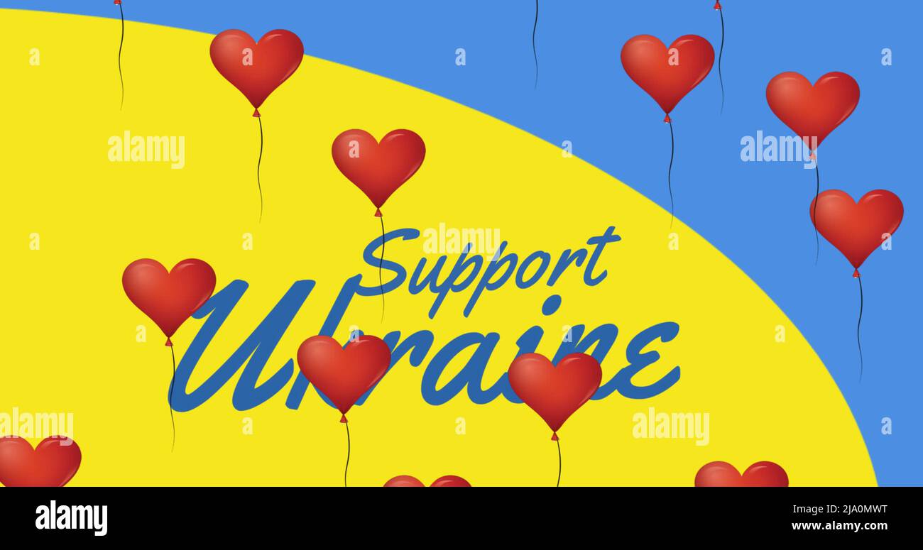 Image of hearts and support ukraine over flag of ukraine Stock Photo