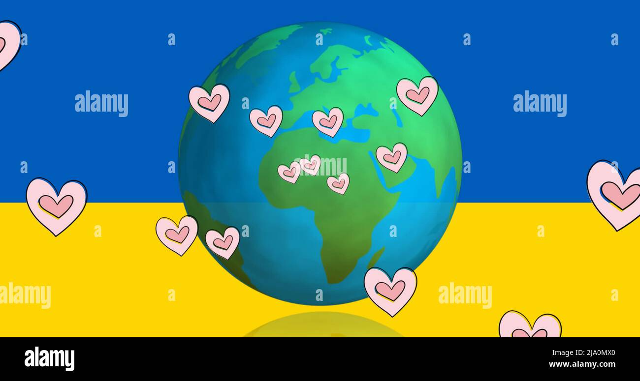 Image of hearts and globe over flag of ukraine Stock Photo