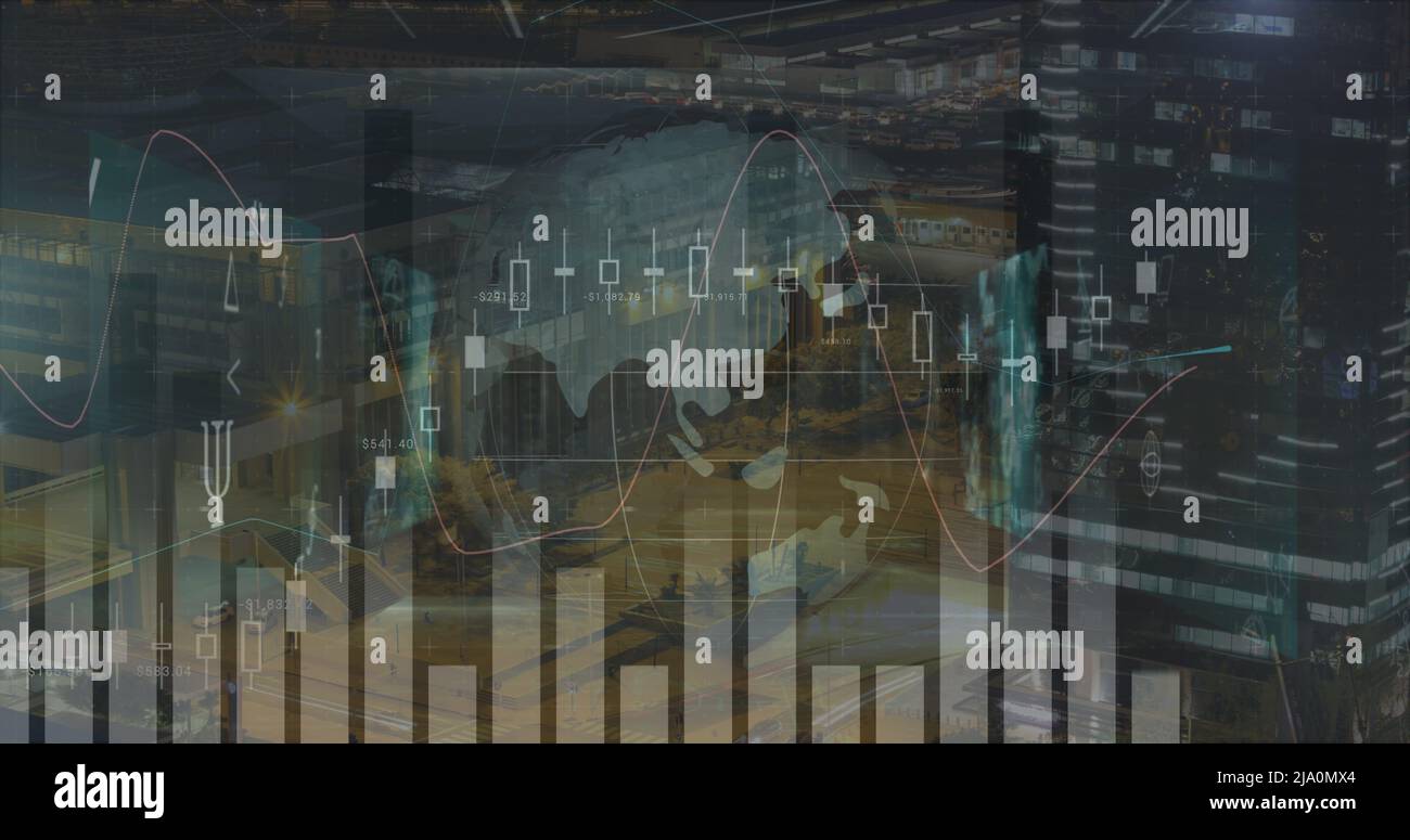 Image of data processing over cityscape Stock Photo