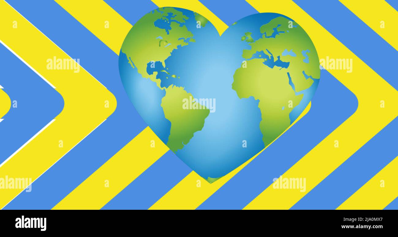 Image of hearts, arrows and heart shaped earth over flag of ukraine Stock Photo