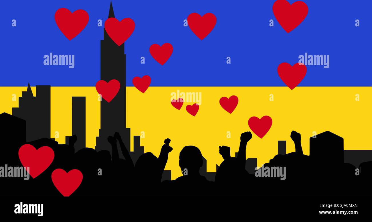 Image of hearts and cityuscape over flag of ukraine Stock Photo