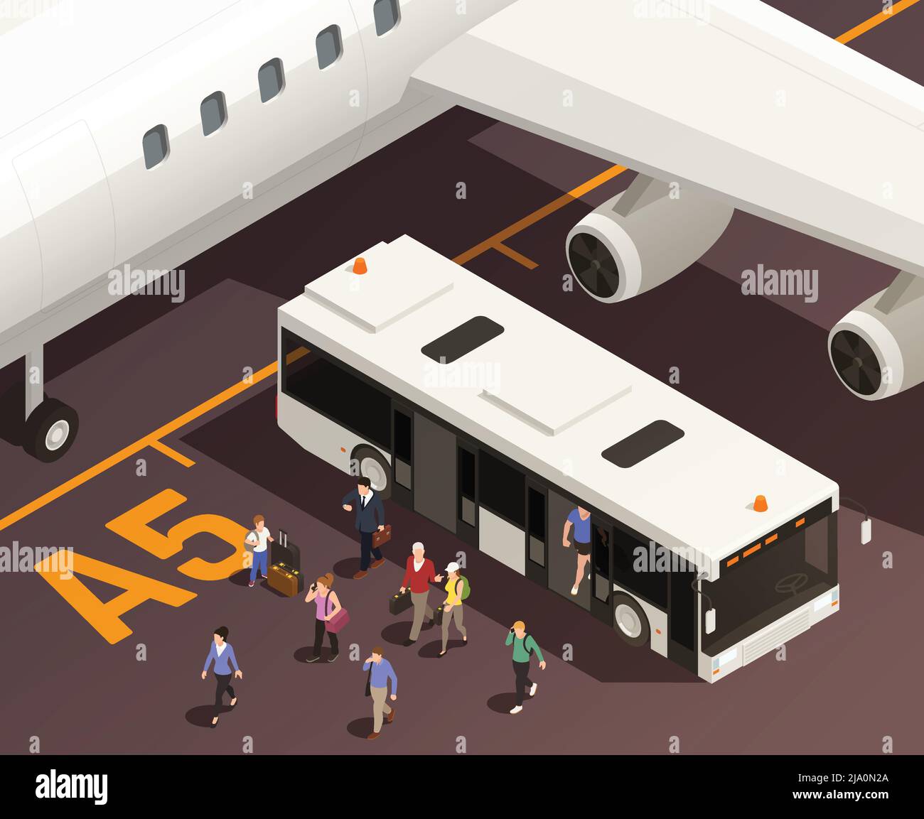 Airport isometric composition with outdoor view of people going out of ...