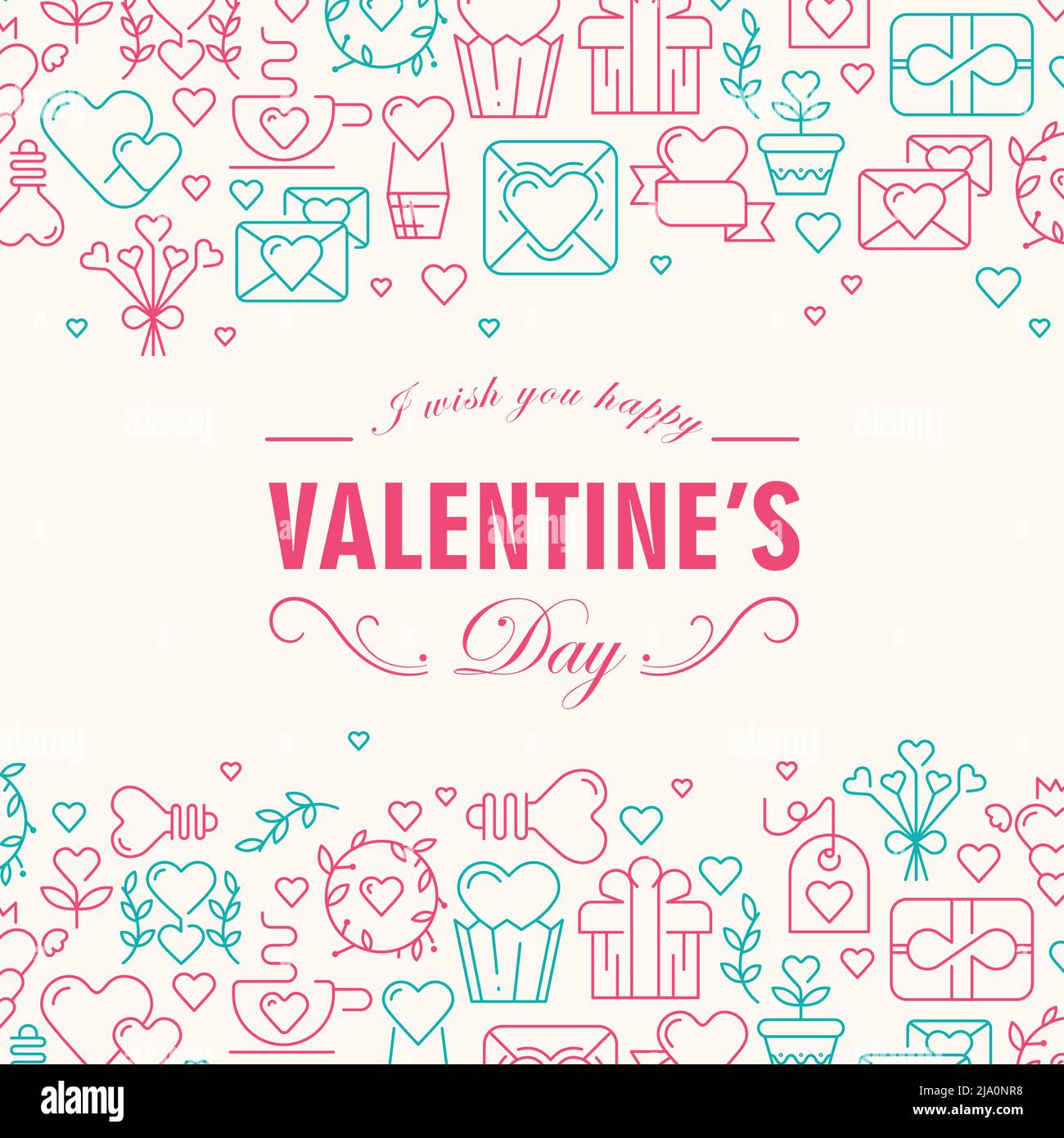 Colorful valentine's day romantic pattern on light pink background flat ...