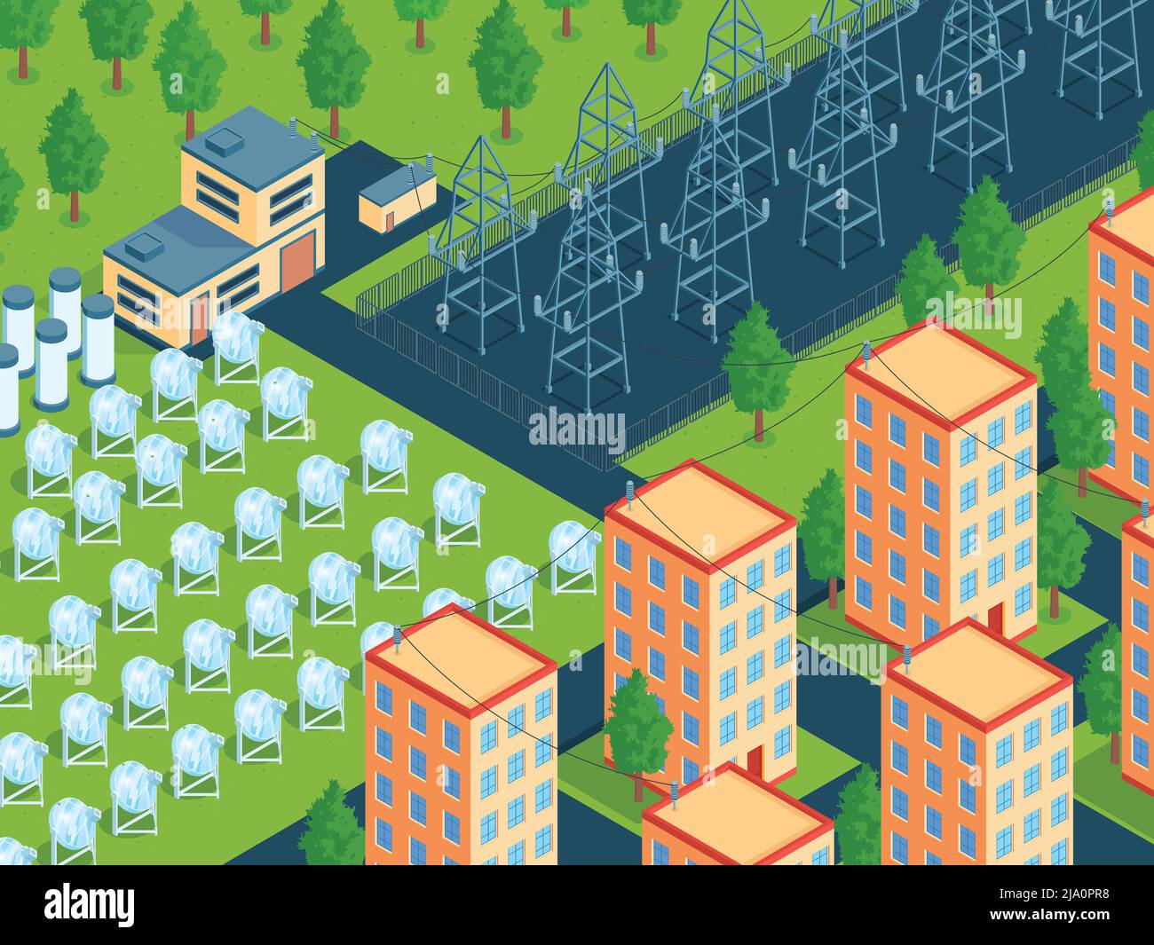 Isometric green energy horizontal composition with town block and field of solar arrays with power lines vector illustration Stock Vector