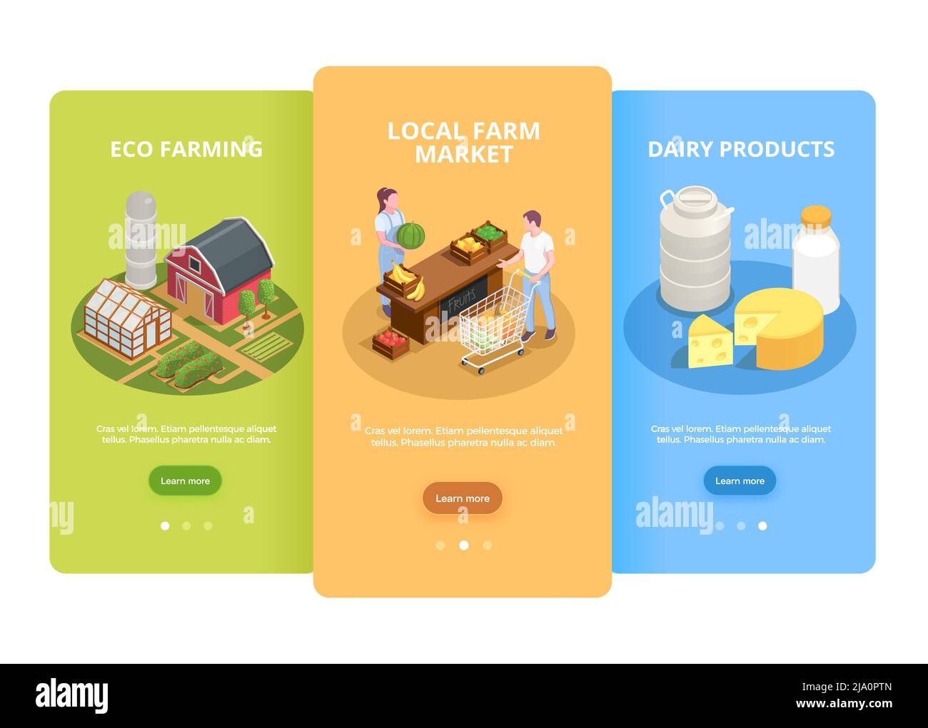 Farmers market 3 isometric vertical background web banners with local eco dairy products and vegetables vector illustration Stock Vector