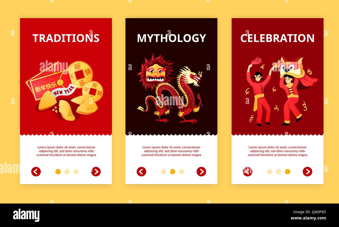 Chinese new year celebration traditions mythology 3 colorful vertical banners with  dragon red envelopes mask vector illustration Stock Vector