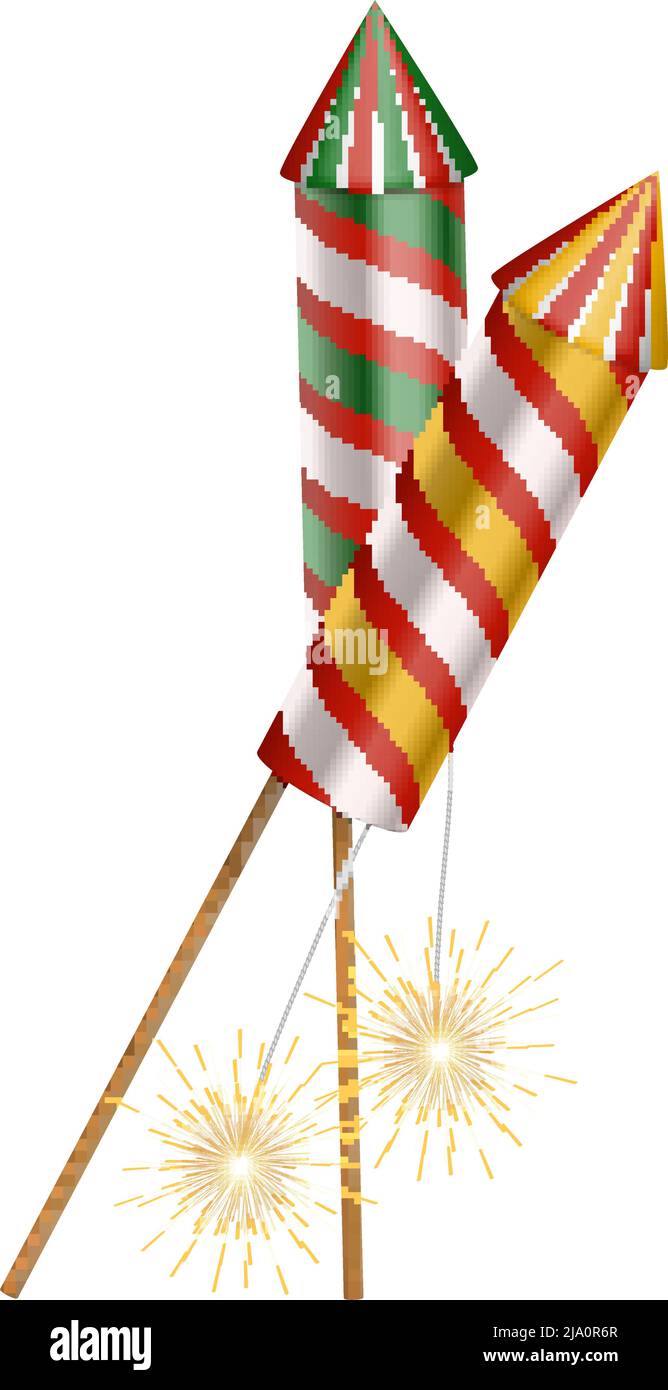 Diwali realistic composition with isolated image of traditional firecrackers on sticks vector illustration Stock Vector