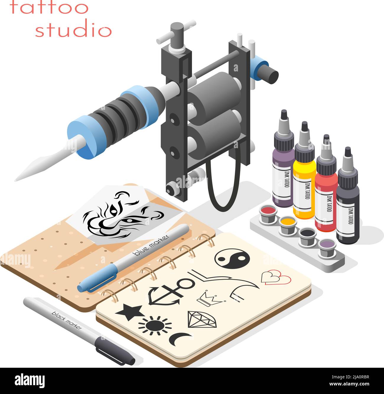 Tattoo studio accessoires tools supply isometric composition with ink design sketches liner shader machine background vector illustration Stock Vector