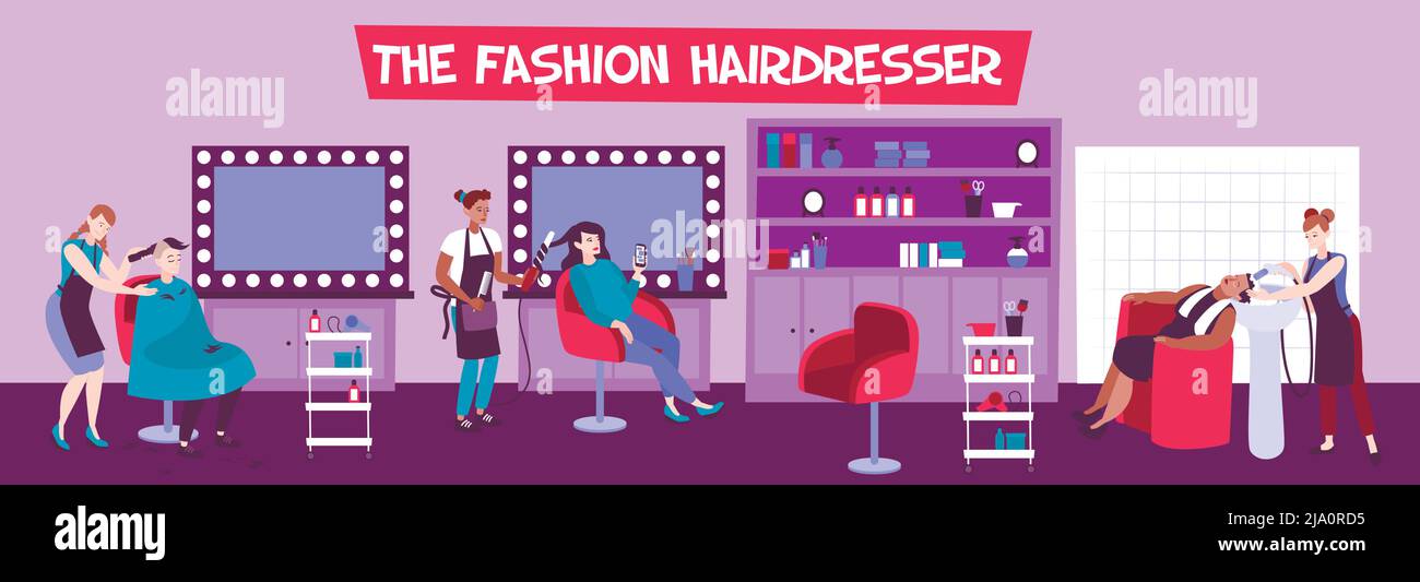 Hair salon interior with customers and hairdressers creating