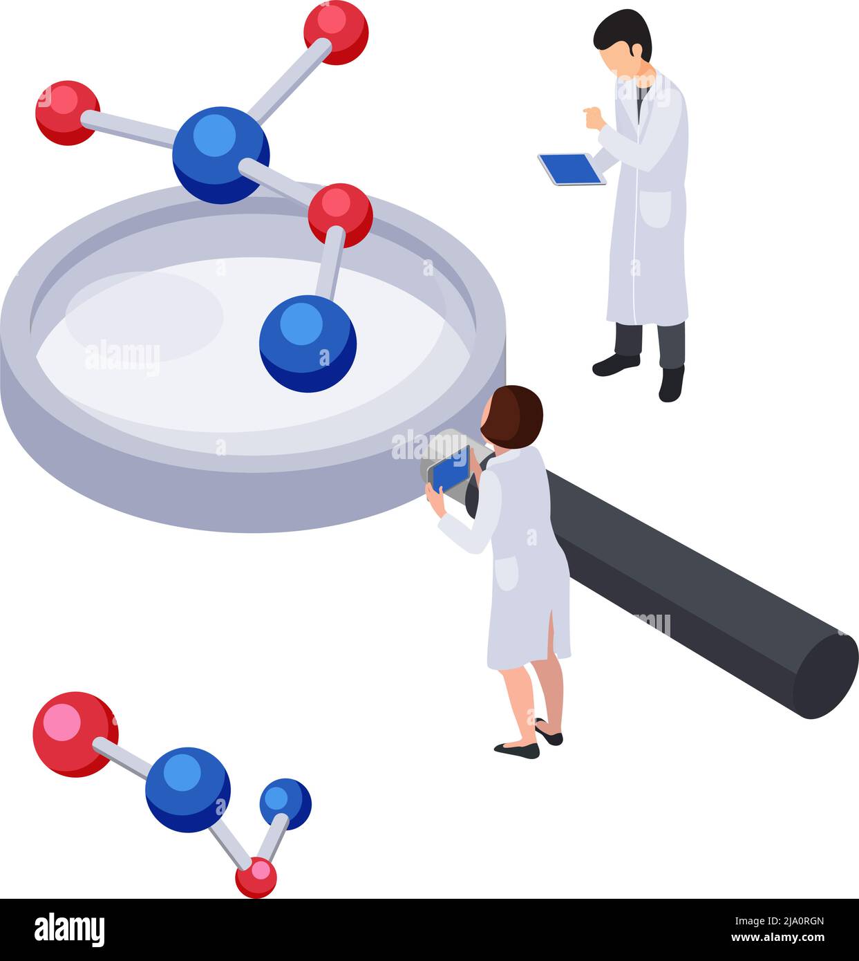 Future technology concept icon with isometric human characters magnifier and molecules vector illustration Stock Vector