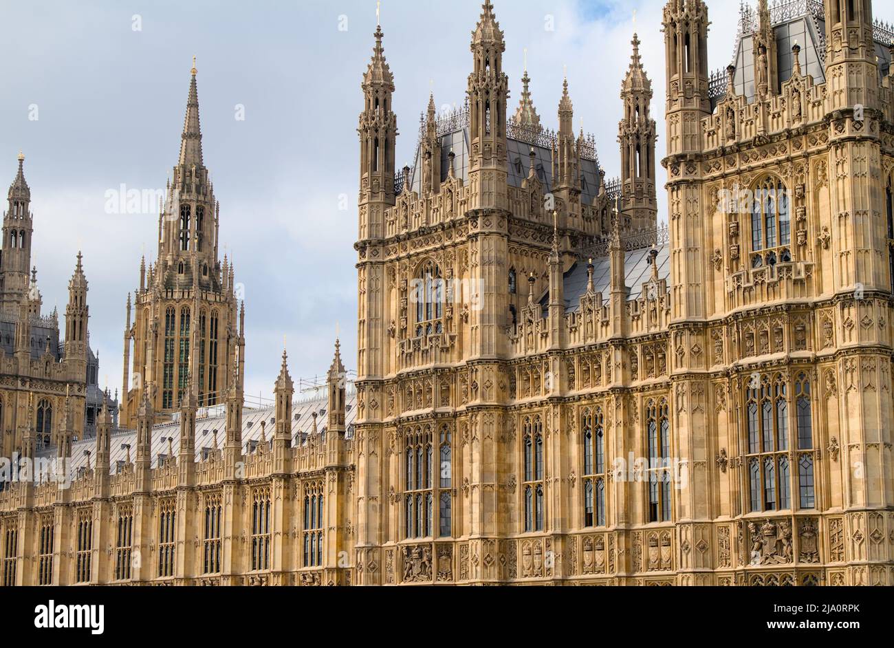 Side View Of The Palace Of Westminster, Houses Of Parliament Showing The Central Tower, London UK Stock Photo