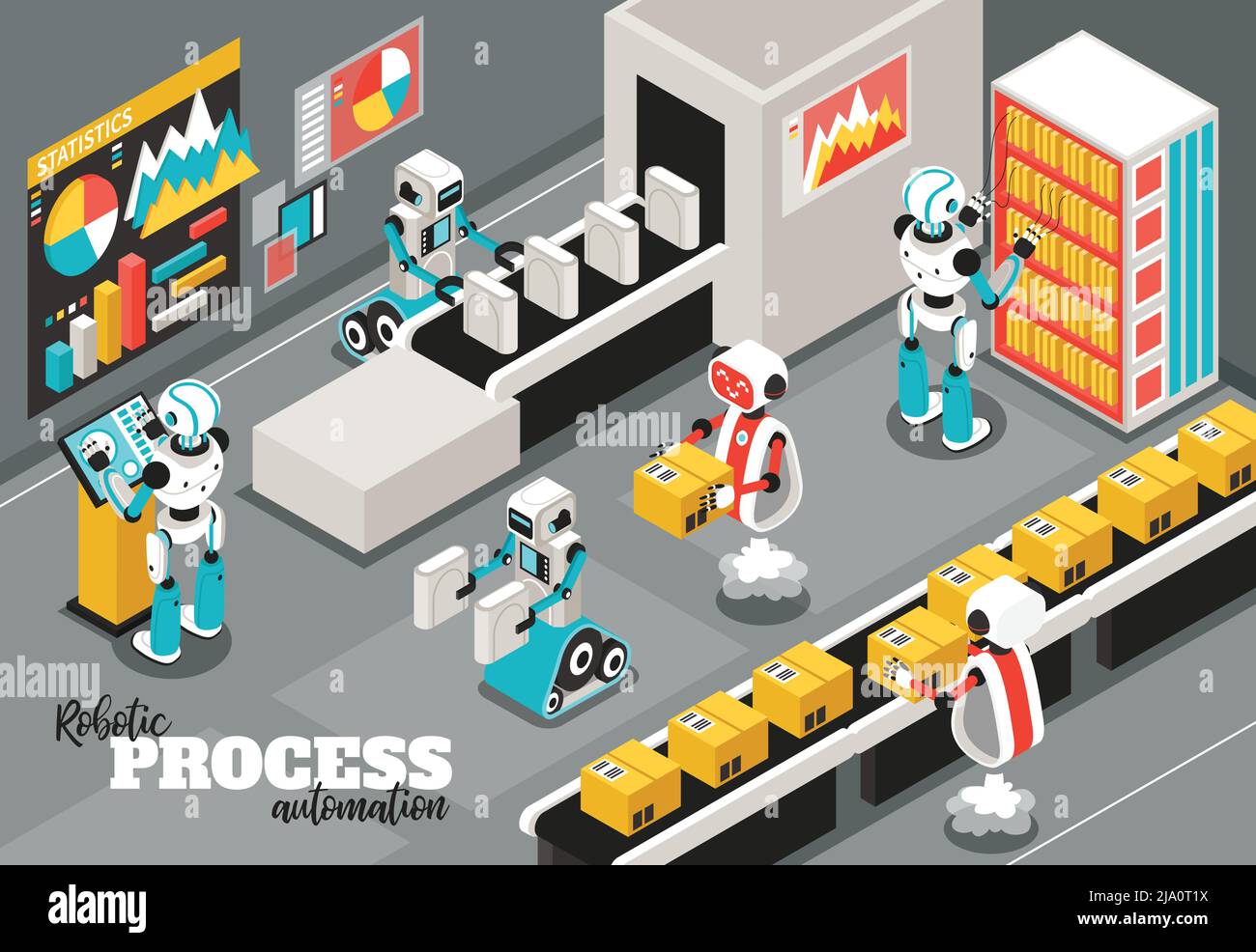 Robotic process isometric background with automation and reliability symbols vector illustration Stock Vector