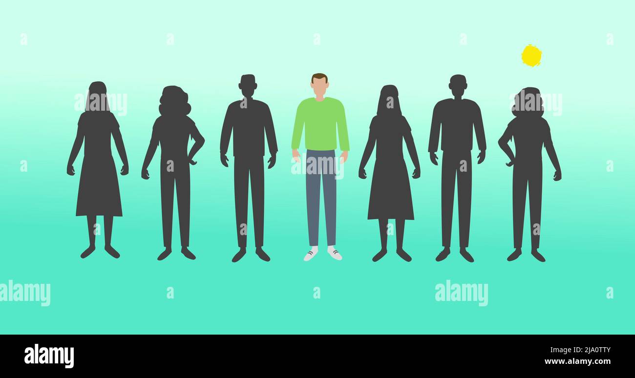 Image of a group of silhouette figures on green background. Stock Photo