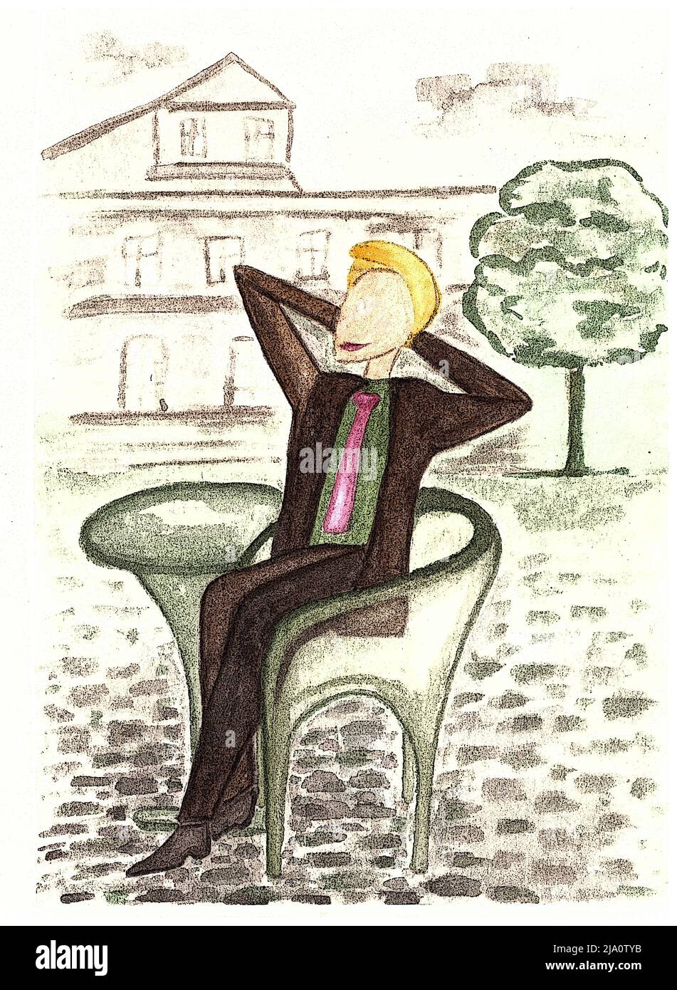 Man Sitting In street cafe at lunch break.Hand drawn young man without a face sitting in street cafe.Watercolor illustration filtered Poster Edges in Stock Photo