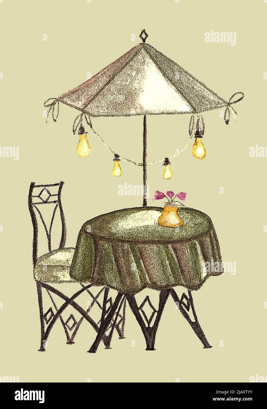 A Table With An Umbrella In A Cafe,painted in khaki colors.Summer outdoor cafe, coffeehouse or restaurant with table, chair, umbrella on city street Stock Photo