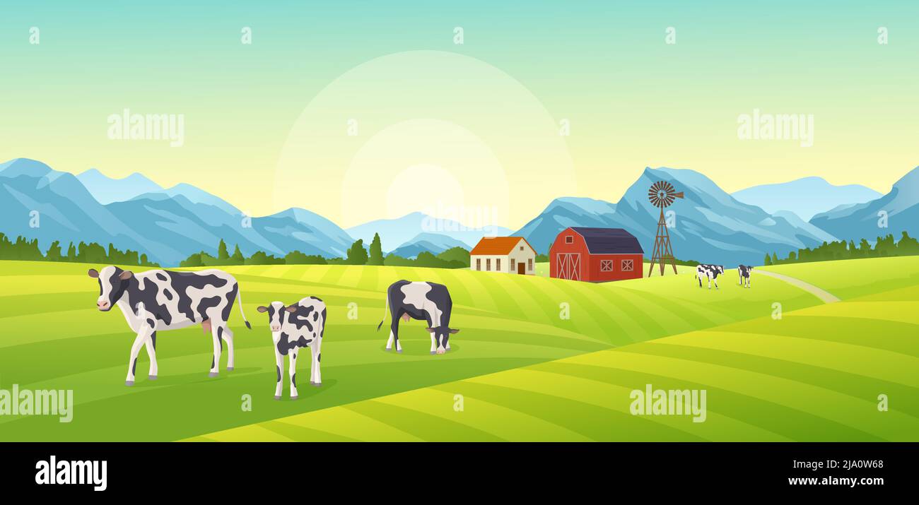 Farm summer landscape composition with outdoor scenery and cows with ...